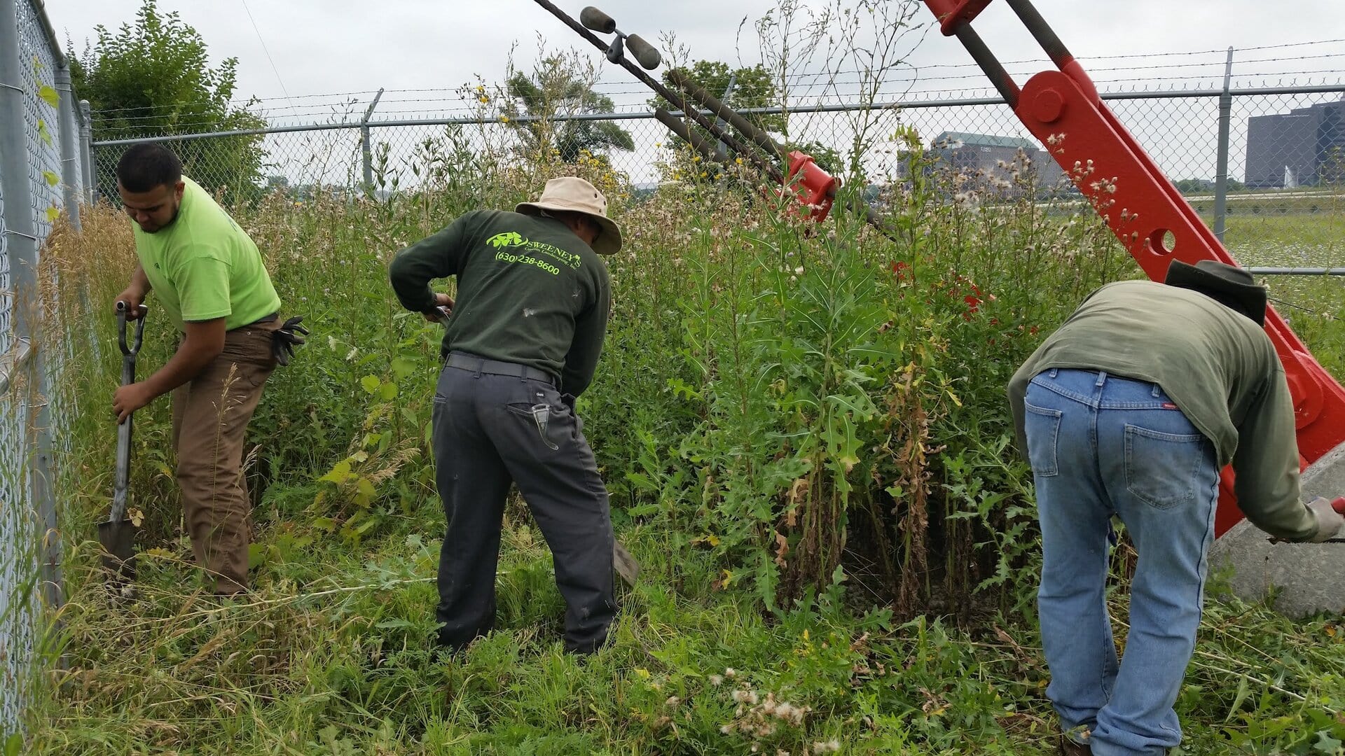Three people wearing work clothes remove weeds and tall grass near a chain-link fence with tools. One person uses a shovel, another pulls plants, and the third bends over working. Machinery is visible on the right.