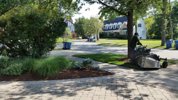 A person pushes a lawnmower along the edge of a green lawn in a suburban neighborhood with houses, trees, and blue recycling bins visible on a sunny day.