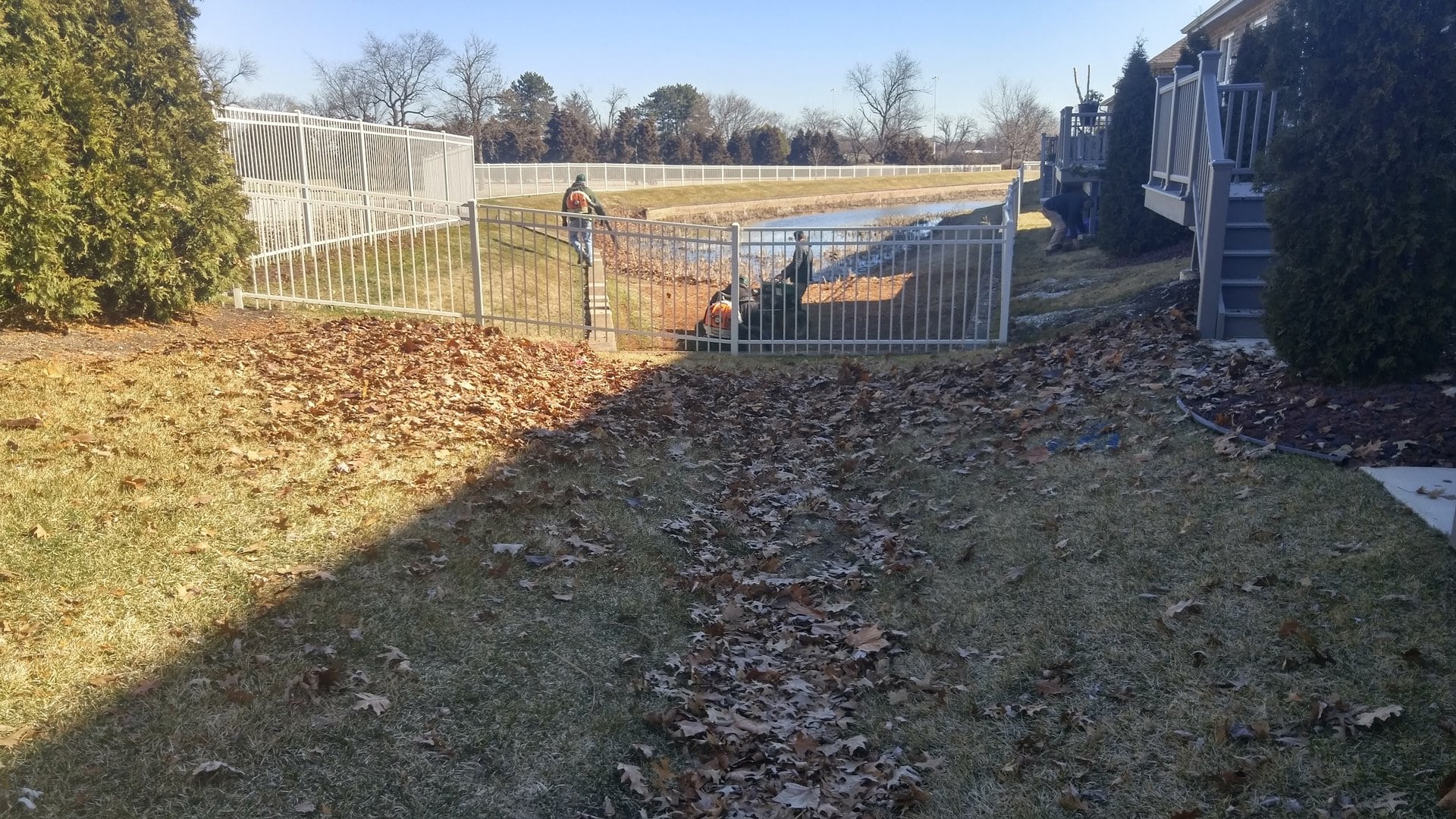 Two people wearing safety vests clear leaves near a fenced drainage ditch behind houses, with dry grass and scattered leaves in the foreground on a sunny day.