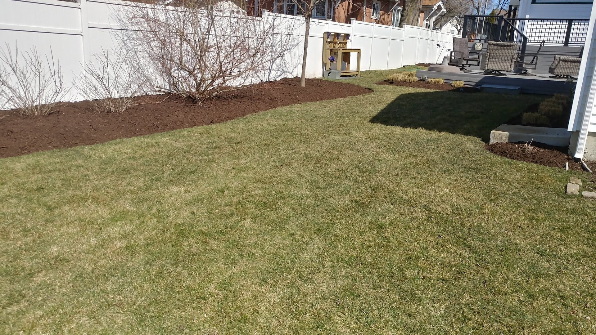 A backyard with a green lawn, garden beds with bare shrubs, a white fence, and a small wooden play structure. Part of a house and patio are visible on the right side.