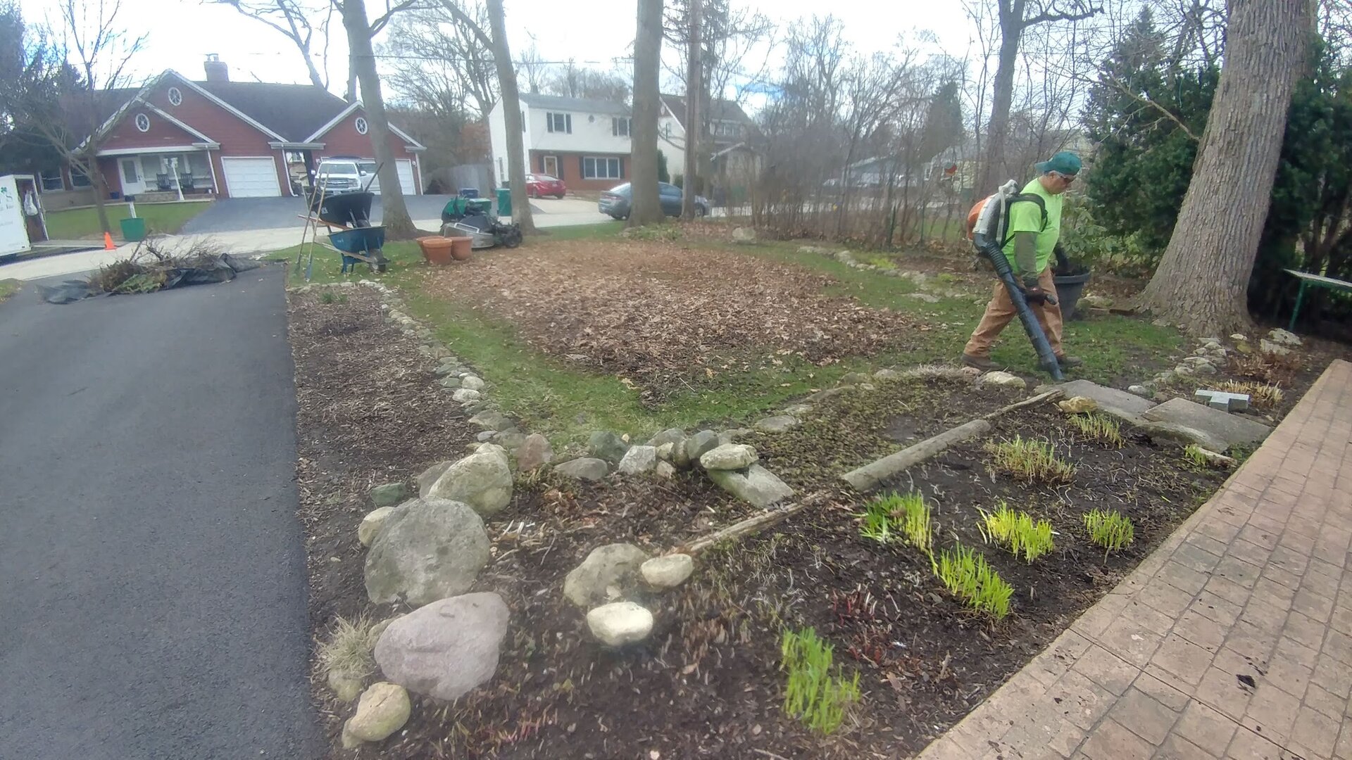 A person wearing a green jacket uses a leaf blower in a yard with garden beds, rocks, and young plants. Houses and cars are visible in the background on a cloudy day.