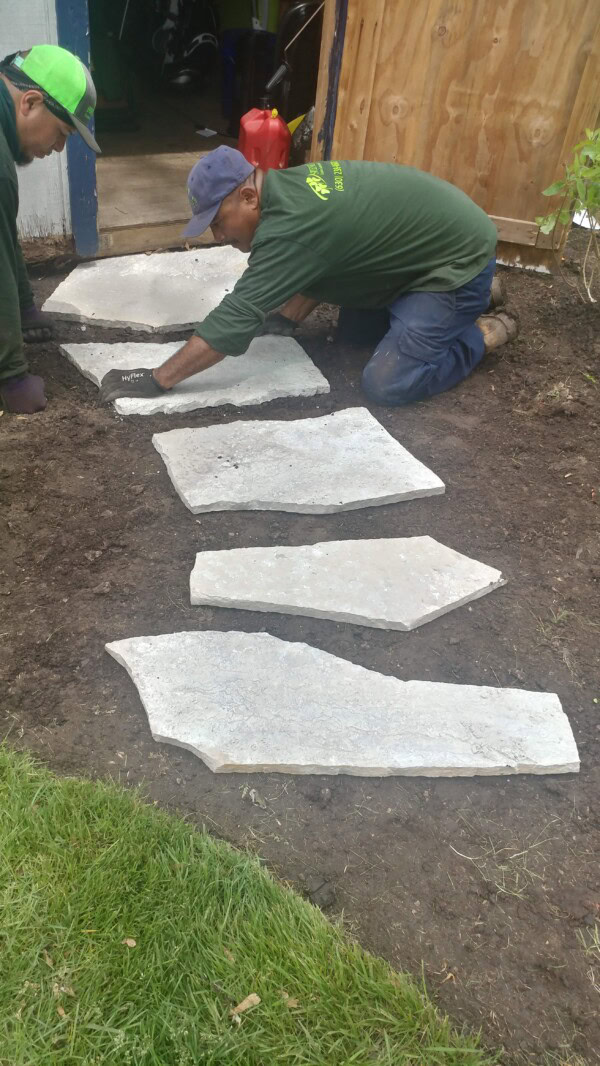 Two workers are installing large, irregular stone pavers in a row on freshly dug soil, creating a path from grass toward a wooden structure.