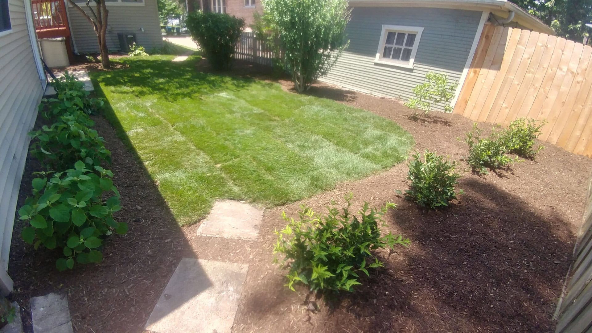 A backyard with fresh sod, garden beds with mulch, several small shrubs, and a stone path leading to the lawn. A wooden fence and a garage are in the background.