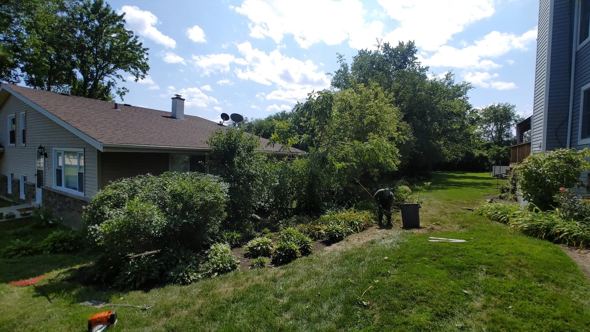 A person tends to a garden near a house on a sunny day; bushes and trees line the yard, with gardening tools and a trash bin visible on the grassy lawn.