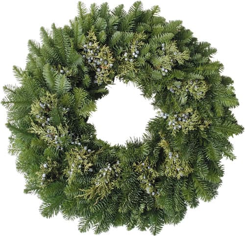 A circular green wreath made of pine and fir branches with small clusters of berries, arranged densely with an open center, against a white background.