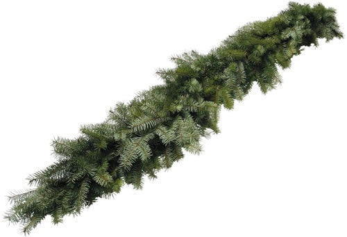 A long green pine garland with dense, realistic needles, arranged diagonally on a white background.