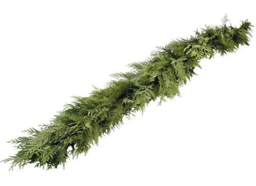 A long, lush green cedar garland is laid diagonally on a white background. The garland is made of natural evergreen branches, giving it a fresh, dense, and festive appearance.