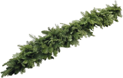 A long, green artificial pine garland with dense needles, shown against a white background.