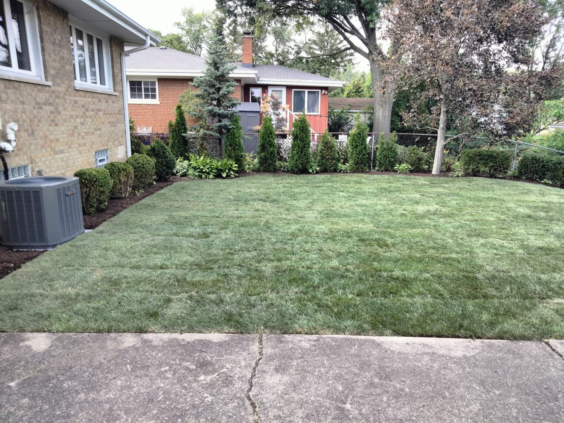 A freshly mowed, green lawn bordered by shrubs and small trees, next to a house with a brick exterior. An air conditioning unit and a concrete patio are also visible.