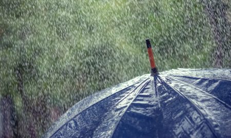A blue umbrella is held up in heavy rain, with blurred green trees visible in the background. The umbrella is glistening with water droplets.