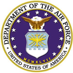 The official seal of the United States Department of the Air Force, featuring an eagle, shield, and stars, with Department of the Air Force and United States of America text in a circular border.