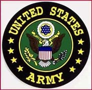 United States Army emblem with a bald eagle holding arrows and an olive branch, surrounded by a black ring with United States Army in yellow letters.