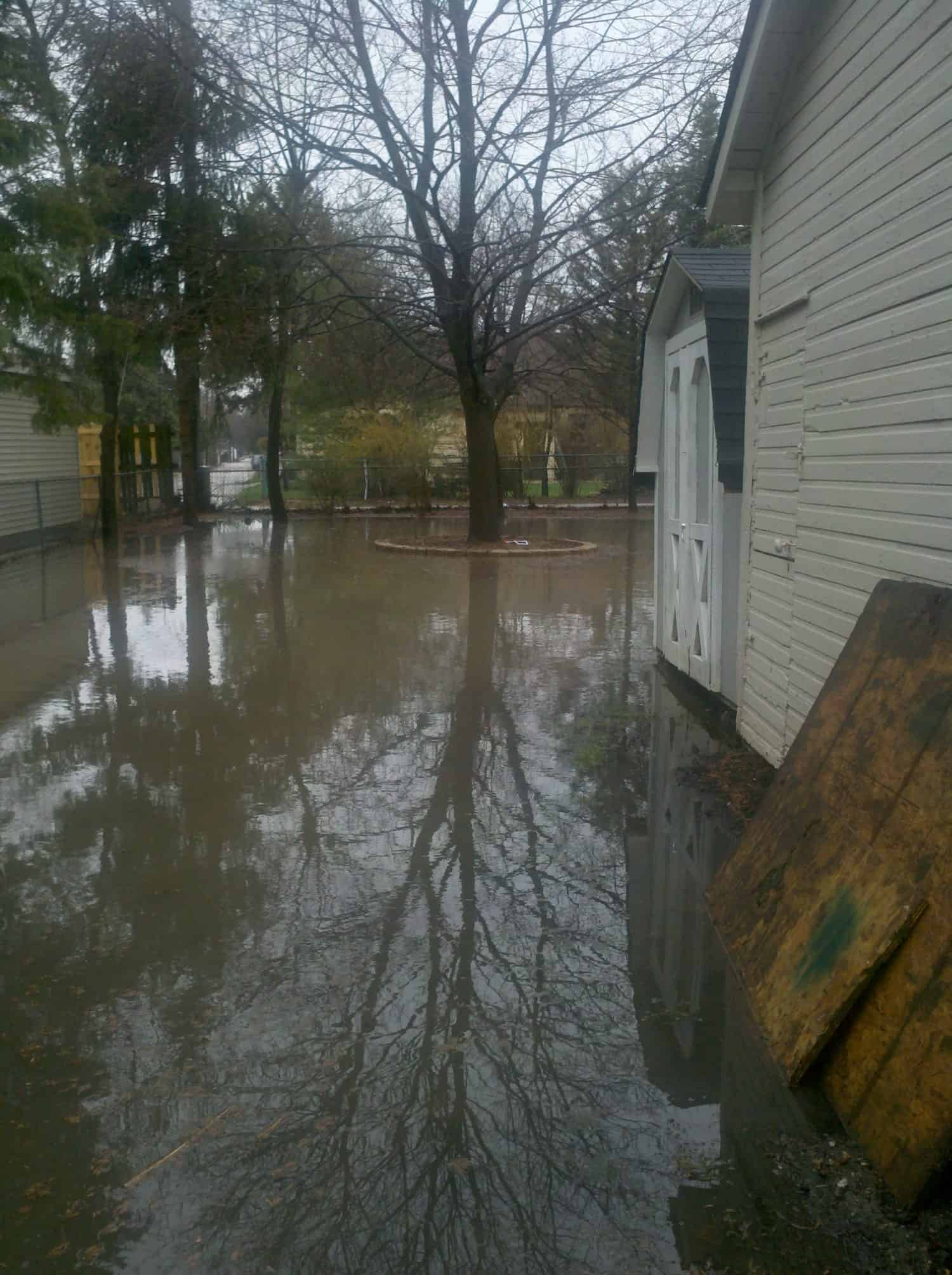 Flooded backyard with standing water reflecting trees and a shed, bordered by a fence and a house, on a cloudy day.