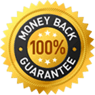 Gold seal with black center reads Money Back Guarantee 100% in bold text, symbolizing a full refund assurance.