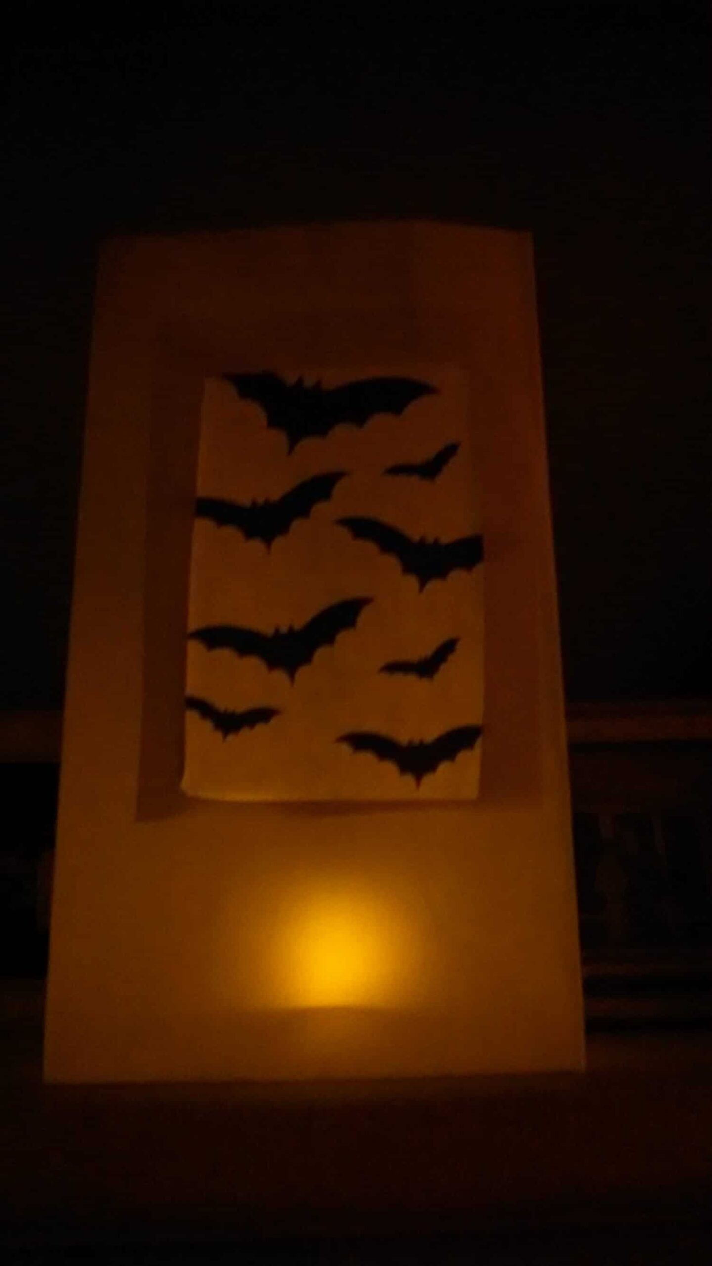 A glowing lantern displays a cut-out design of flying bats against a softly lit background, creating a spooky Halloween ambiance in the dark.