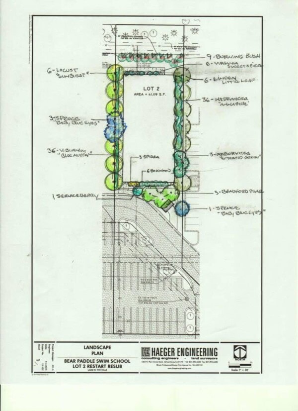 Landscape plan for Bear Paddle Swim School Lot 2 by Haeger Engineering, showing a rectangular plot with labeled plantings (e.g., locust, burning bush, hydrangea) surrounding a parking lot layout.
