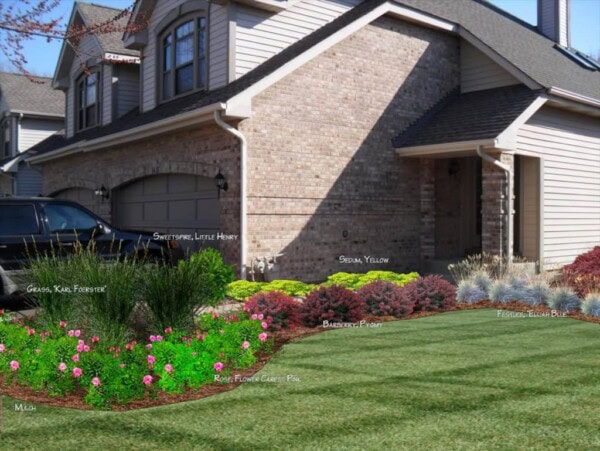 A suburban house with a landscaped front yard featuring labeled flower beds, assorted shrubs, ornamental grasses, and pink, yellow, and red blooming plants along the driveway and sidewalk.