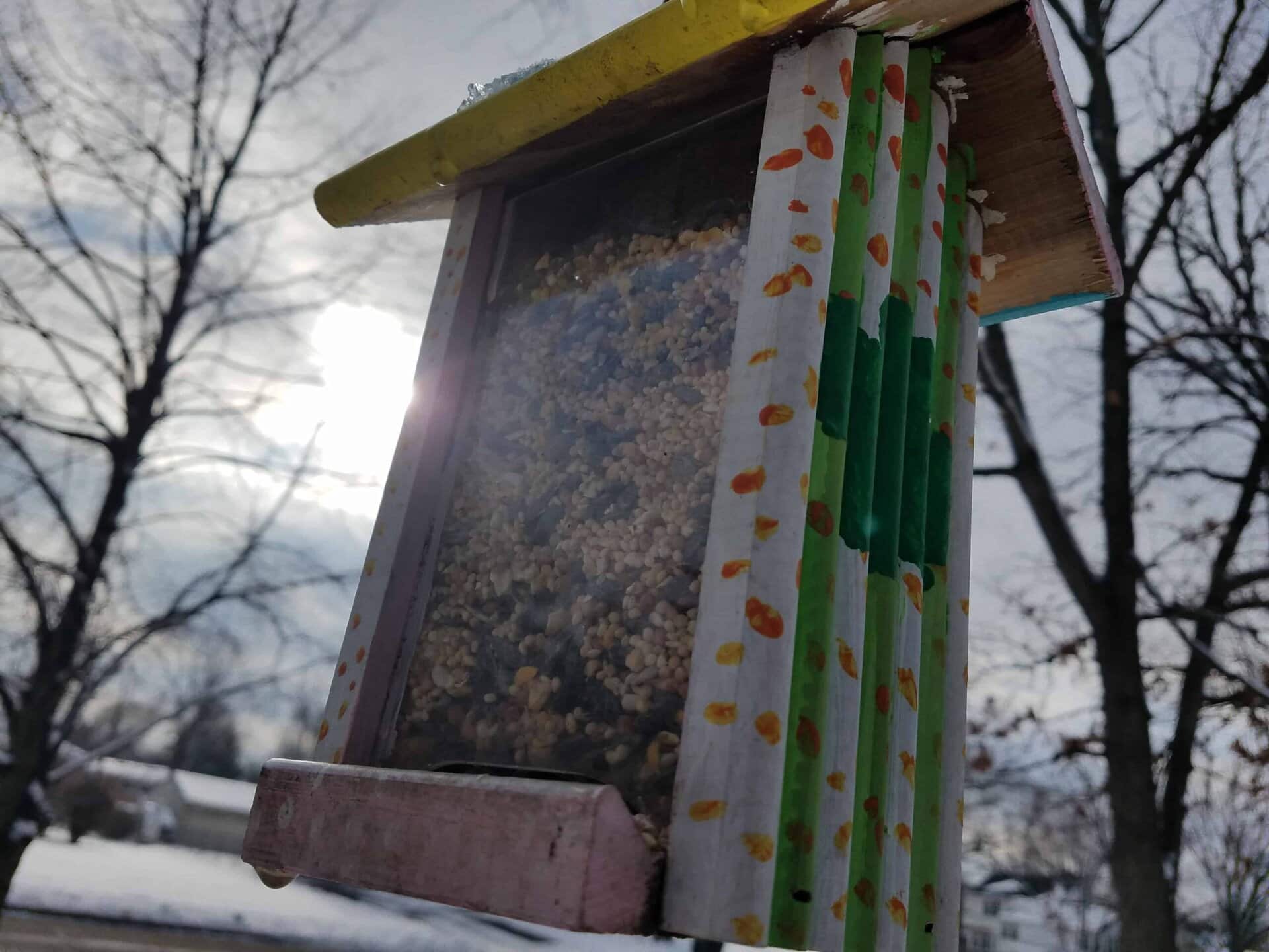A close-up of a bird feeder filled with seeds, decorated with colorful stripes and dots, hangs outdoors on a winter day. Bare trees and a bright sun are visible in the background.