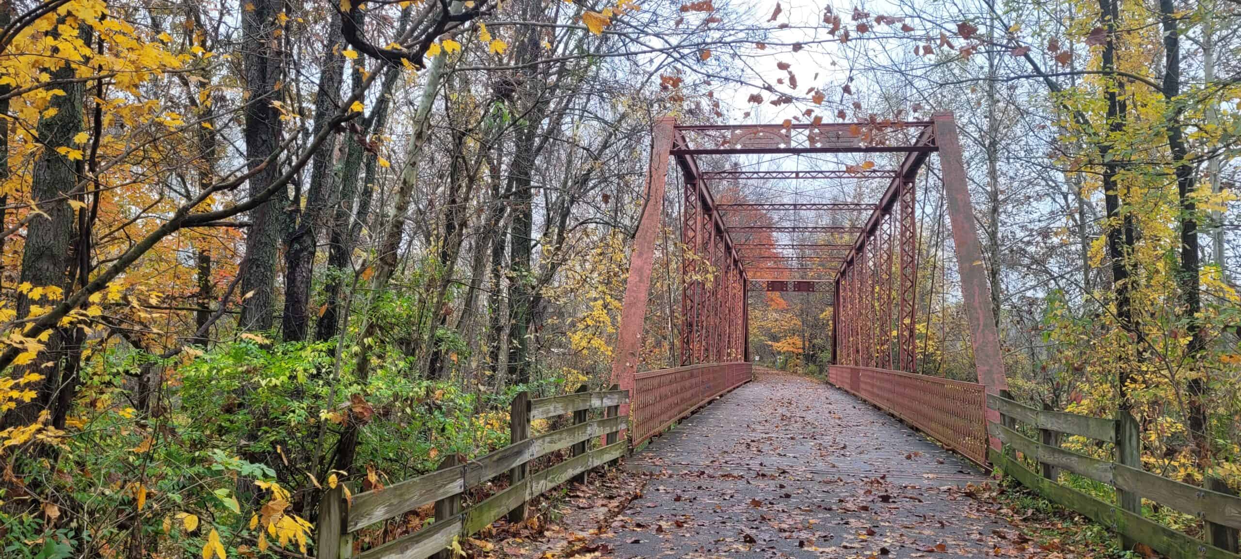 A metal truss bridge with wooden railings spans a forest path covered in fallen autumn leaves, surrounded by trees with yellow and green foliage.