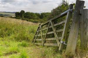 A wooden farm gate leaning open against a fence post in a grassy field, with trees and cloudy sky in the background.