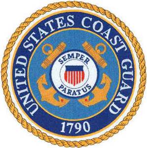 The official United States Coast Guard emblem, featuring two gold anchors, a shield, and the motto Semper Paratus with the year 1790, all surrounded by a rope border.