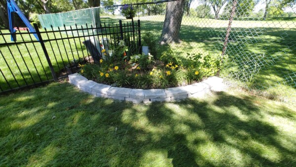 A small garden bed with yellow flowers is bordered by light gray bricks, next to a black metal fence and a green chain-link fence, on grass under tree shade.