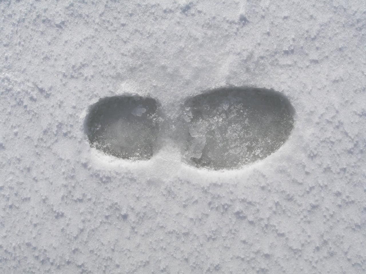 Two footprints pressed into fresh, powdery snow, with clear outlines and some ice forming inside the impressions.