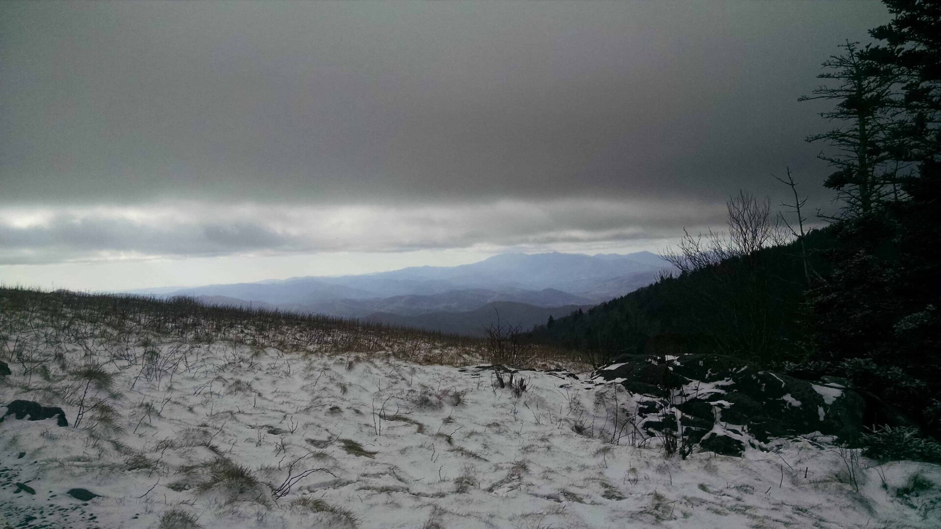 Snow-covered field with scattered rocks and grass, leading to distant, hazy mountains under a cloudy, dark sky. Sparse trees stand to the right, creating a moody, cold atmosphere.