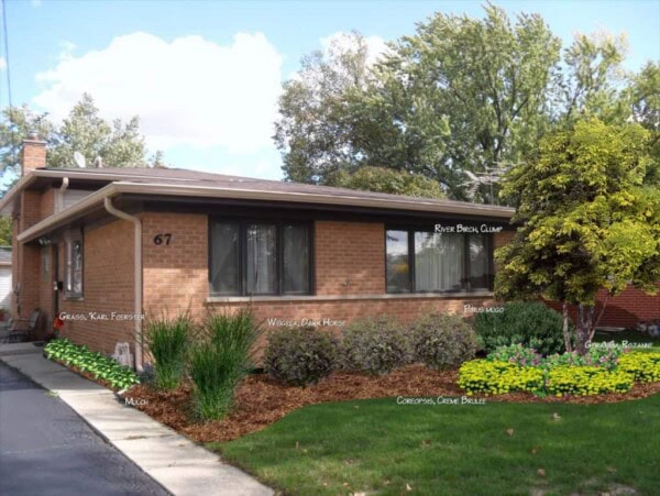 Single-story brick house with large front windows, surrounded by landscaped garden beds featuring labeled plants, mulch, and shrubs, with a small tree on the right and a paved driveway on the left.