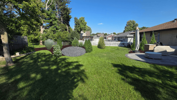 A sunny backyard with green grass, landscaped shrubs, small trees, and mulch beds. Patio furniture and an umbrella sit on a paved area near a house, and a white fence borders the yard.