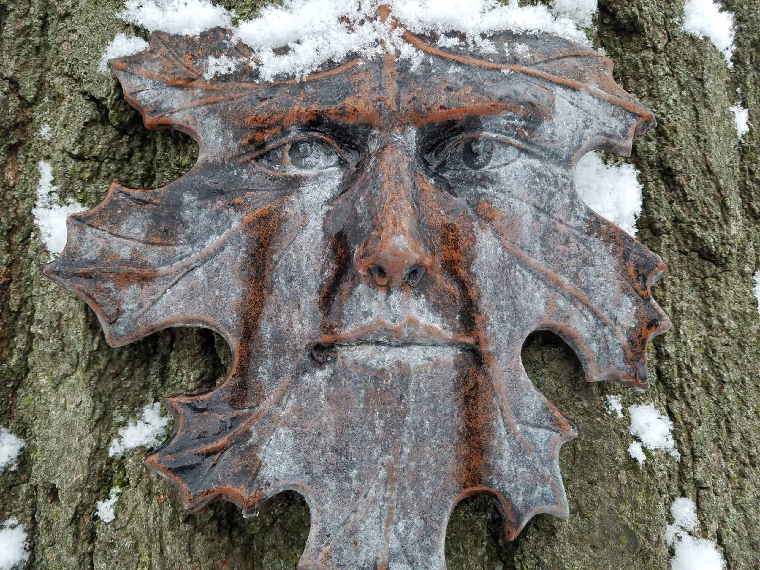 A metal face sculpture shaped like a leaf is mounted on a tree trunk with patches of snow on both the sculpture and the tree bark.