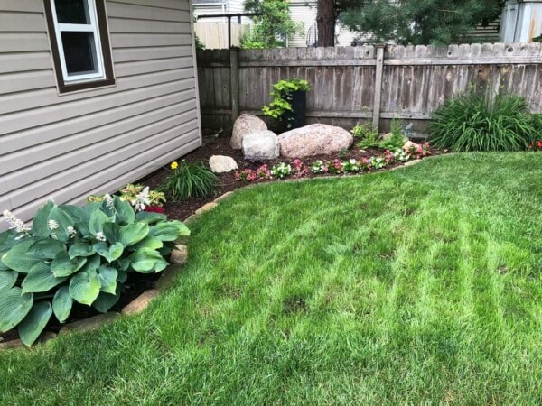 A neatly mowed green lawn leads to a flower bed with hostas, colorful flowers, and large rocks near a wooden fence beside a house.