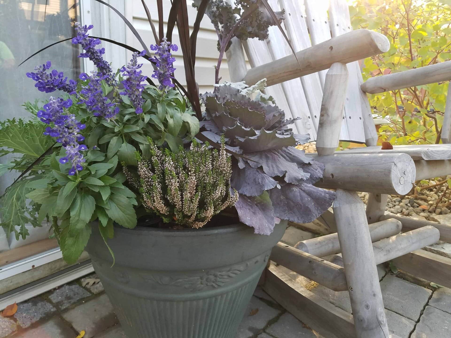 A green planter with purple flowers and leafy plants sits next to a rustic wooden chair on a stone patio, with sunlight shining in from the right.