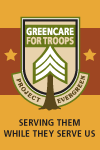 A shield logo with a green tree and the words GreenCare for Troops Project Evergreen. Two stars flank the shield. Text below reads, Serving them while they serve us on a gold background.