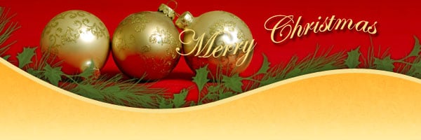Gold Christmas ornaments and green holly leaves on a red background, with Merry Christmas written in elegant gold script.