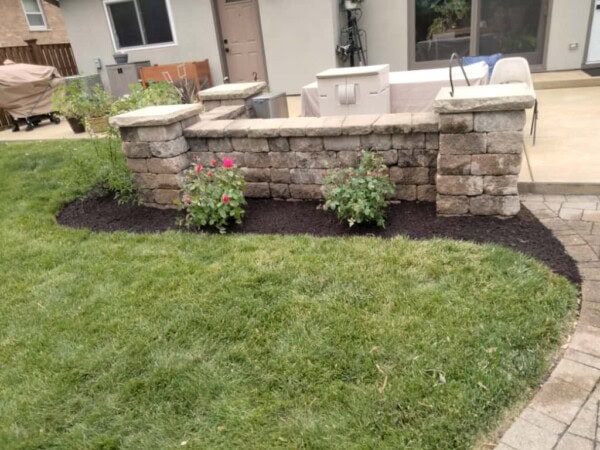 Stone garden wall with mulch, two flowering bushes, and freshly mowed grass in a backyard patio area. Patio furniture and a covered grill are visible in the background near the house.
