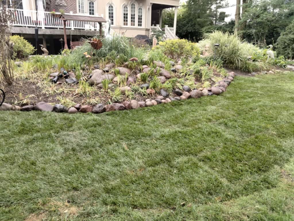 A landscaped garden with green grass, a rock border, and various plants in front of a house with large windows and a deck.