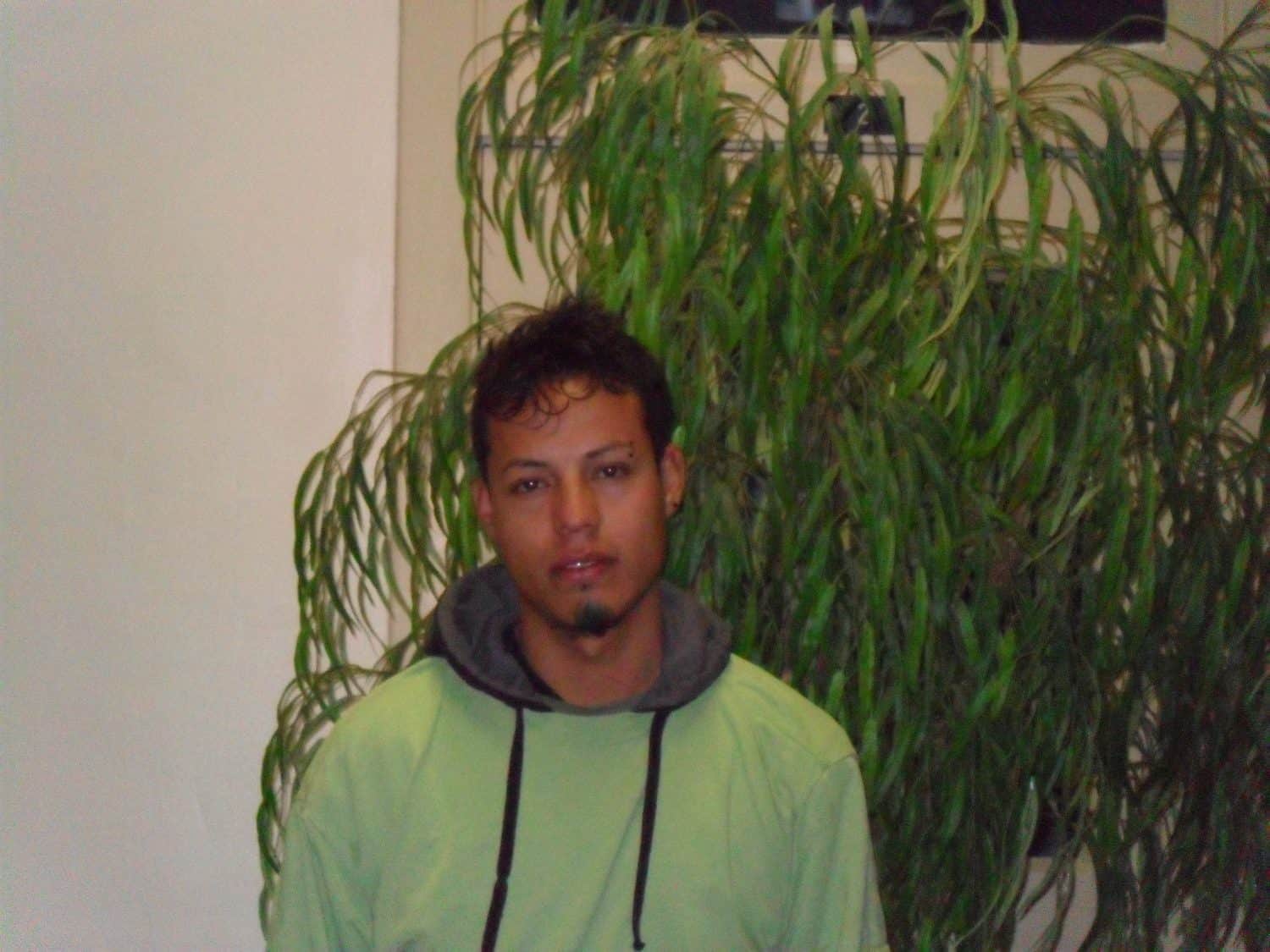 Juan A. A person with short dark hair wearing a light green hoodie stands in front of a tall indoor plant with long, slender leaves. The background features an off-white wall.