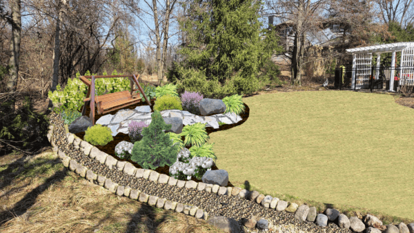 A wooden swing bench sits in a landscaped garden area with rocks, shrubs, and mulch, bordered by a stone-edged path. Grass and trees are visible in the background near a white arbor structure.