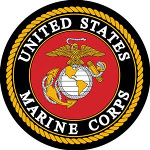 United States Marine Corps emblem featuring an eagle, globe, and anchor on a red background, encircled by a black ring with gold rope and the words United States Marine Corps..