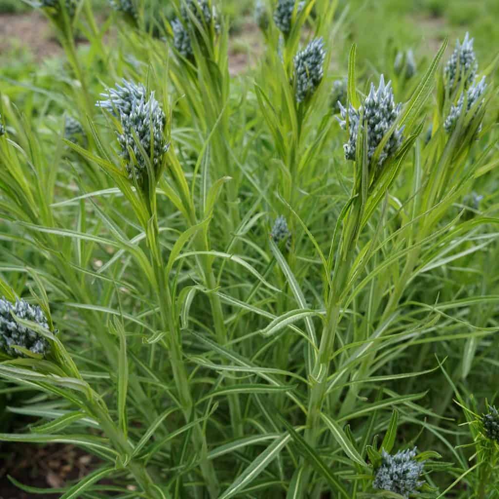 Green leafy plant with long, narrow leaves and clusters of small, bluish-purple buds at the tips, growing outdoors in a garden setting with blurred greenery in the background.