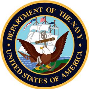 The official seal of the United States Department of the Navy, featuring a bald eagle, a ship, an anchor, and the text Department of the Navy United States of America in a blue and gold circular border.