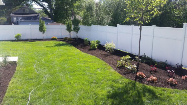A backyard with green grass, fresh mulch in garden beds along a white fence, young trees, shrubs, and flowering plants on a sunny day.
