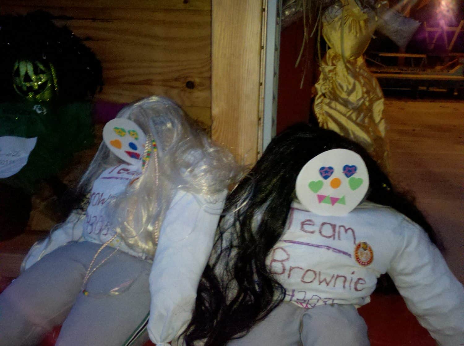 Pic #48 Two dolls with white circular faces decorated with colorful stickers, wearing white shirts and gray pants, sit side by side. One has blond hair, the other black, and their shirts have hand-written text.