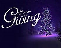 A glowing Christmas tree stands in a snowy night scene with the words Tis the season for Giving written in elegant white script on the left.