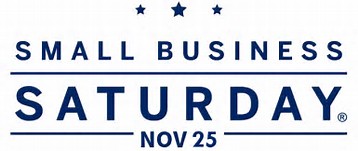 Small Business Saturday logo with three stars above the text, which reads Small Business Saturday Nov 25 in blue capital letters on a white background.