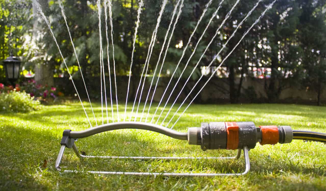 A lawn sprinkler sprays thin streams of water in an arc over green grass, with trees and flowers in the background on a sunny day.