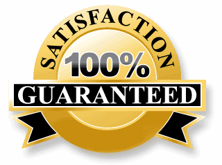 A gold seal with the words Satisfaction 100% Guaranteed in bold text, representing a guarantee of complete satisfaction.