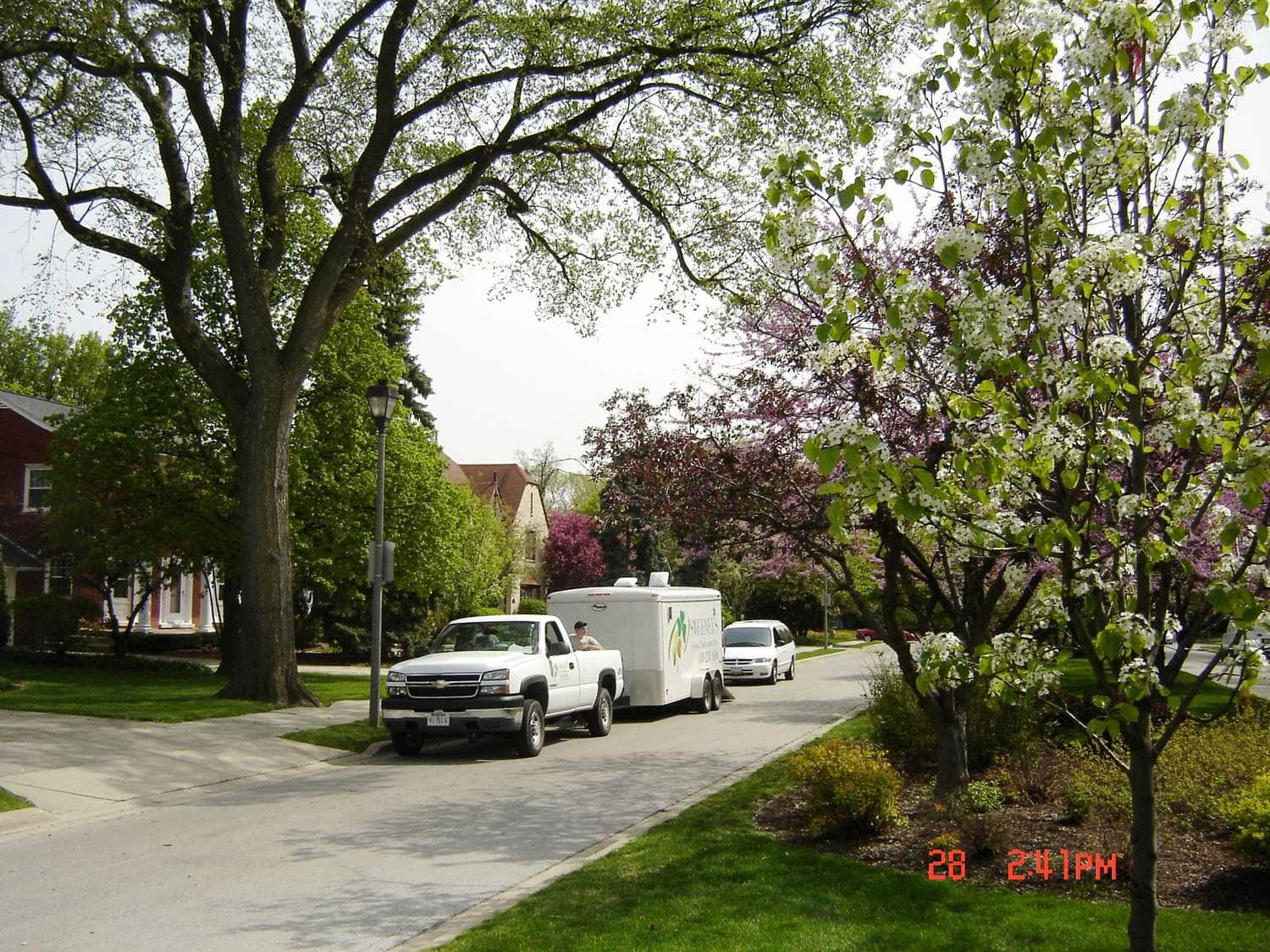 Two white trucks, one towing a trailer, are parked on a tree-lined suburban street with blooming trees and green lawns. A date and time stamp is shown in the bottom right corner.