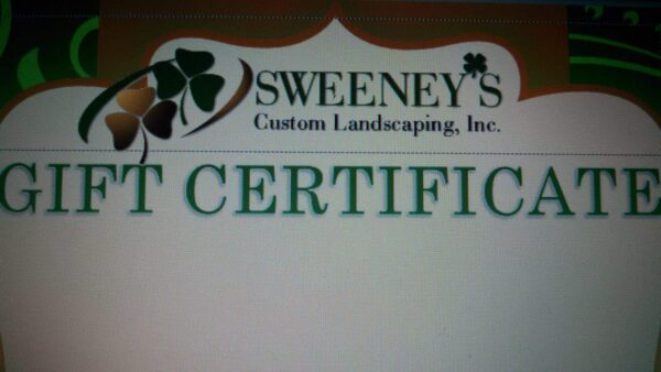 A Sweeneys Custom Landscaping, Inc. gift certificate with green clover graphics and large green text reading GIFT CERTIFICATE..